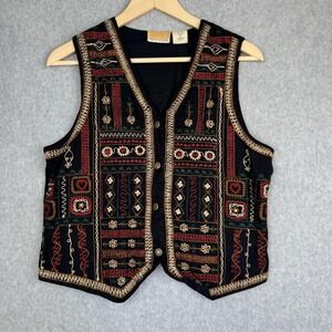 Weekend Provisions Vest Womens M Black Red Embroidered Boho Ethnic Button Front